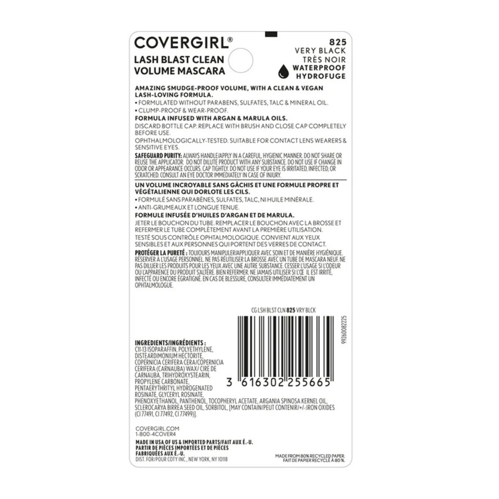 Covergirl Lash Blast Clean WATERPROOF Volume Mascara 825 VERY BLACK 0.44 FL OZ - Picture 2 of 11